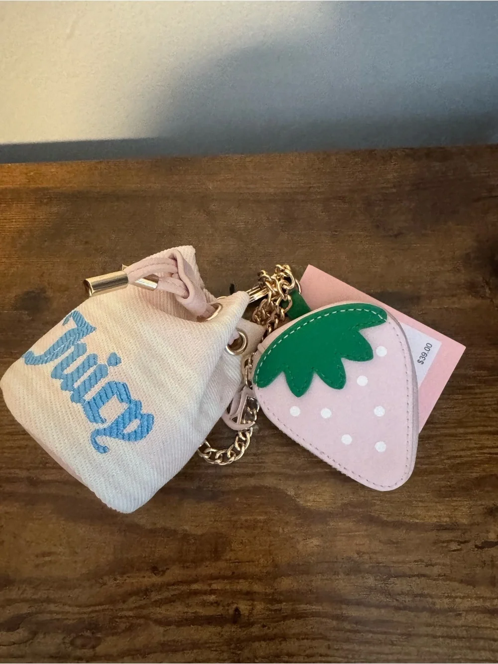 Juicy Couture Pink Strawberry Charm Keychain with Green Leaf